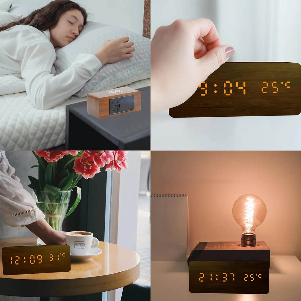 Drveni USB digitalni sat sa bežičnim punjačem