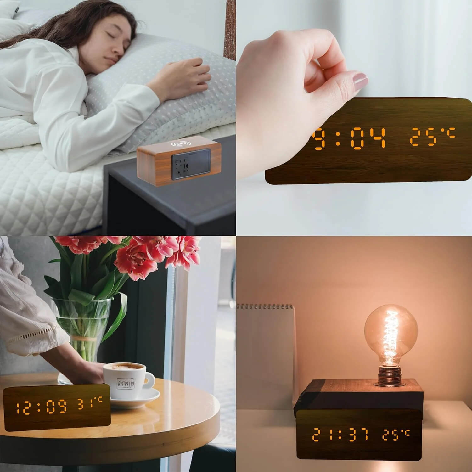 Drveni USB digitalni sat sa bežičnim punjačem